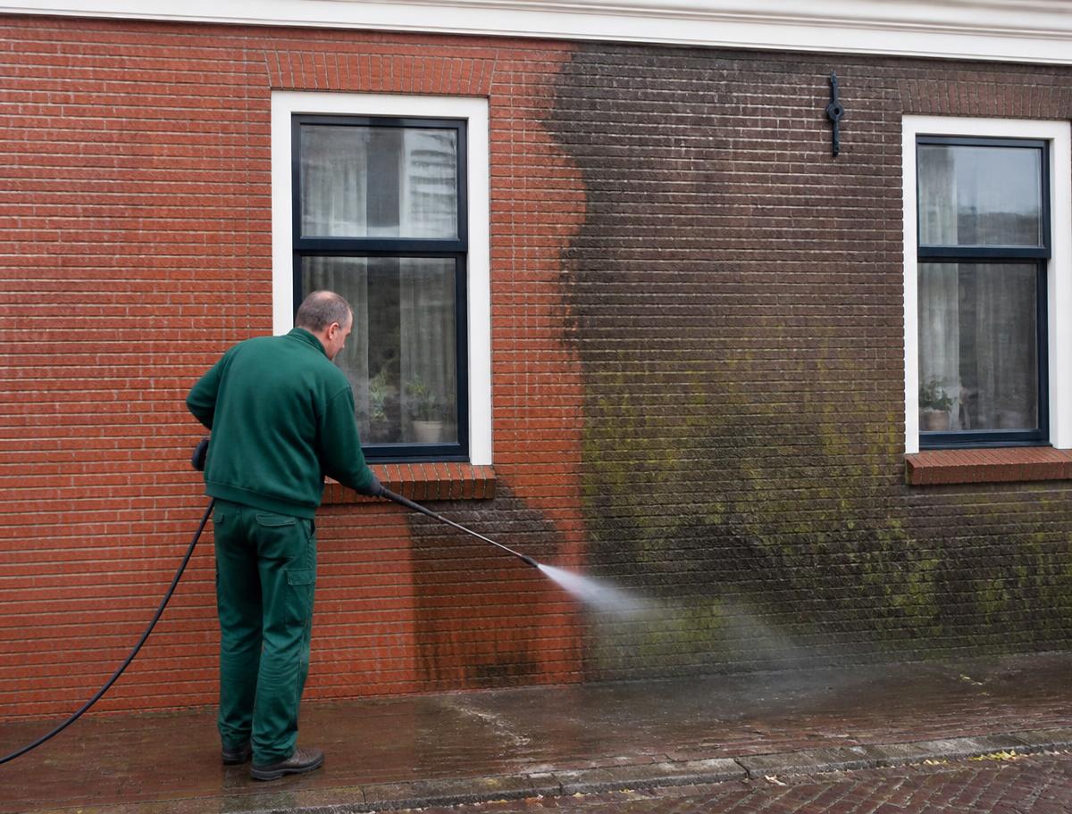 Vakman reinigt een bakstenen gevel met lagedrukapparatuur