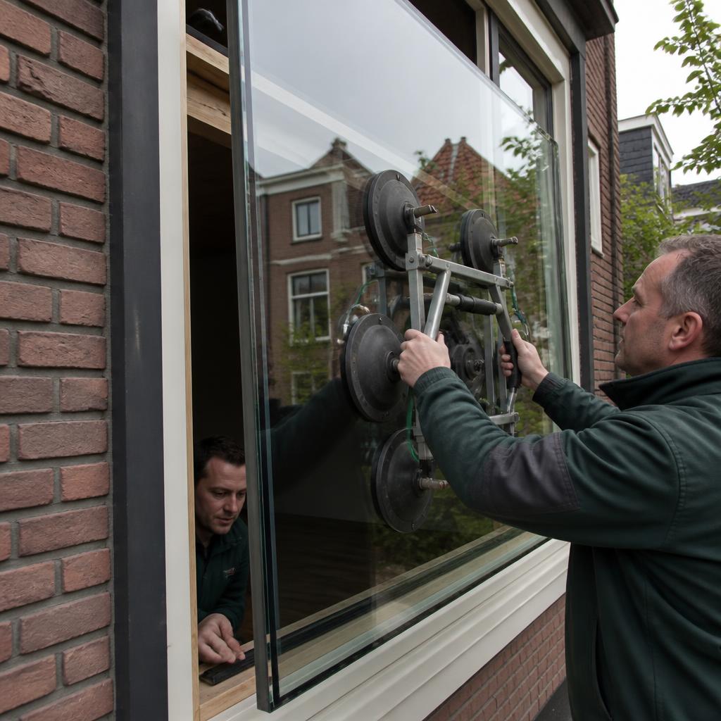 Nieuw HR++ glas wordt in het bestaande kozijn geplaatst