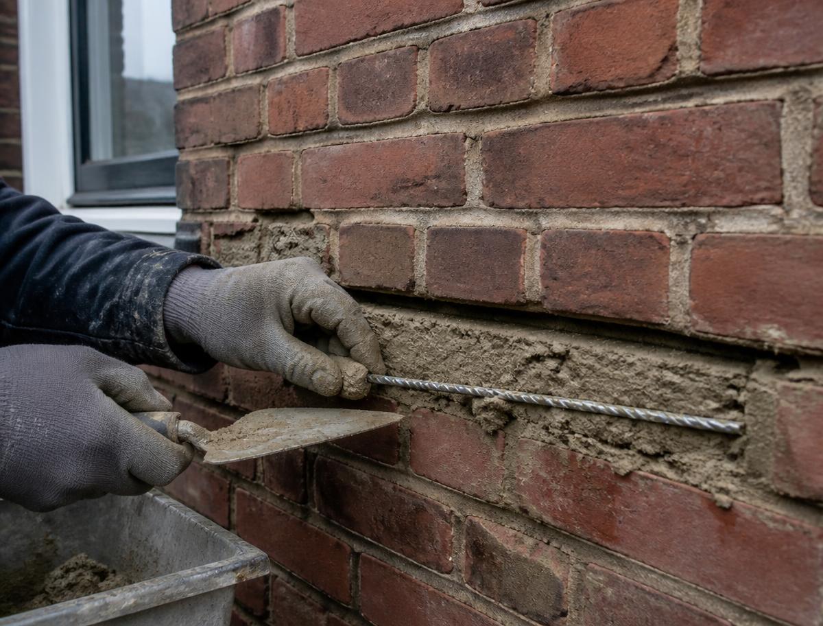 Roestvaststalen spiraalanker wordt in een voeg aangebracht om een scheur te herstellen