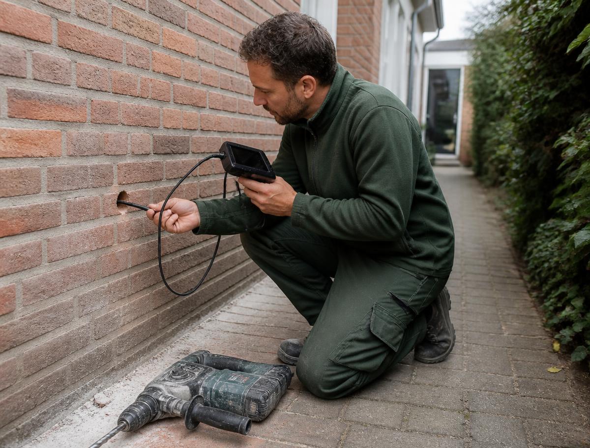 Inspectie van een spouwmuur met een endoscoop door een boorgat in de gevel