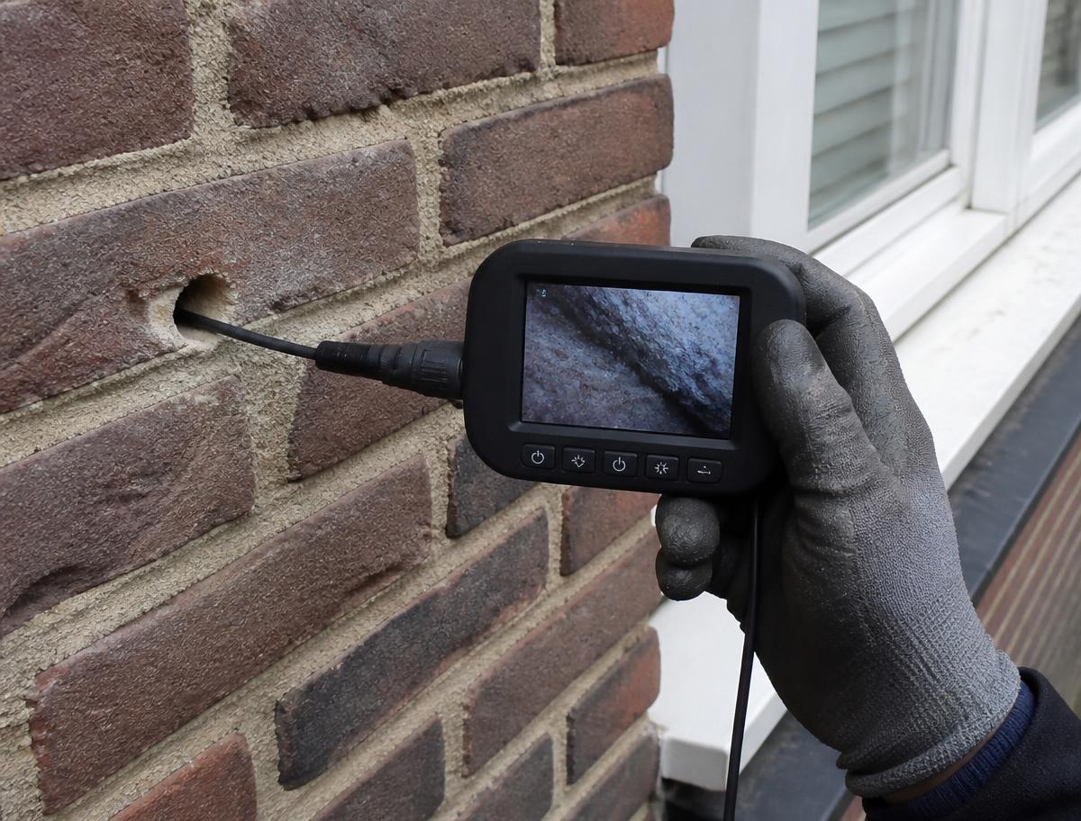 Inspectie van de spouw met een endoscoop voor aanvang van het werk