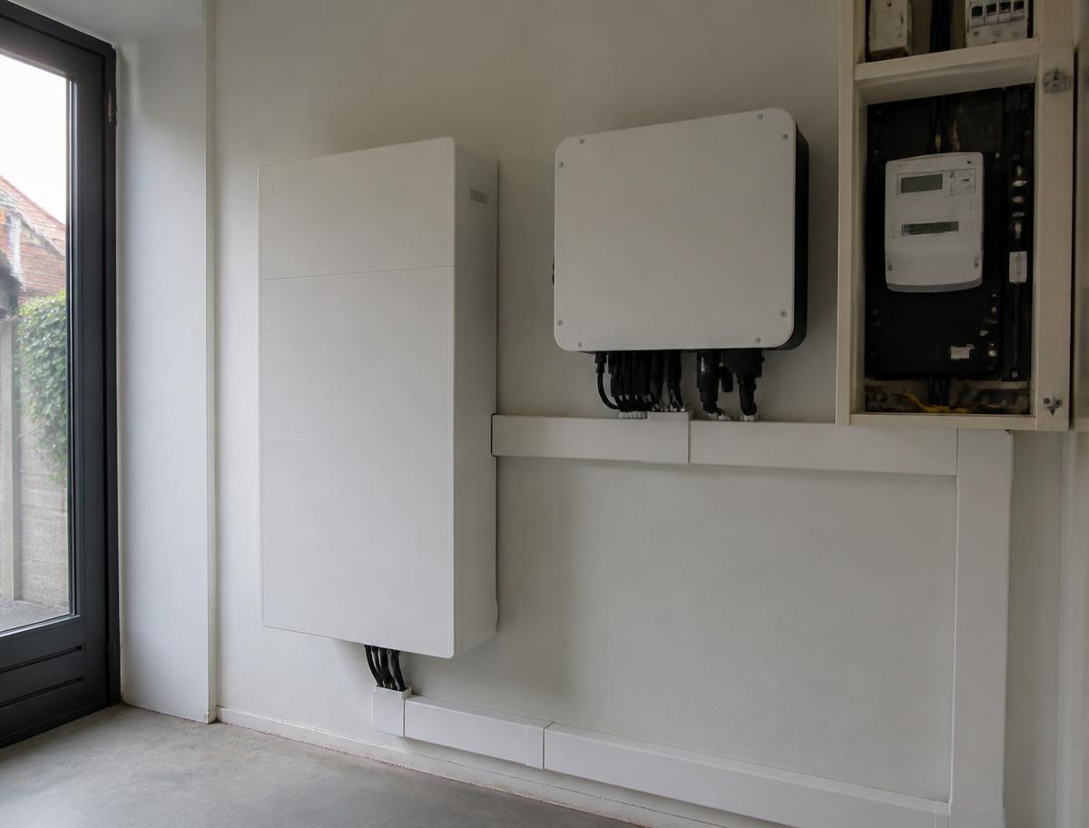 Thuisbatterij aan de wand van een technische ruimte naast een omvormer