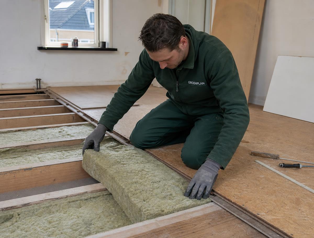 Isolatievlokken worden ingeblazen in een houten tussenvloer tijdens een renovatie