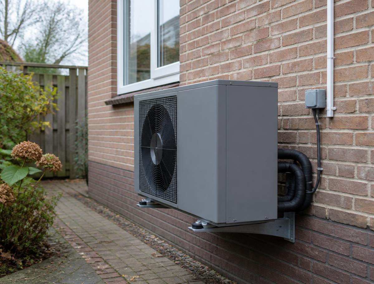 Buitenunit van de warmtepomp op consoles tegen de gevel