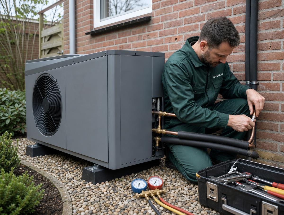 Buitenunit van een warmtepomp naast de gevel van een woning