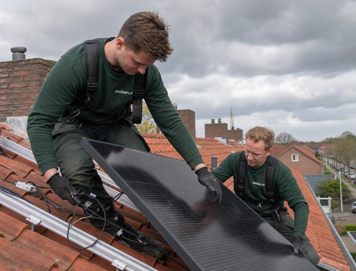 Zonnepanelen op een rood pannendak van een Nederlandse woning